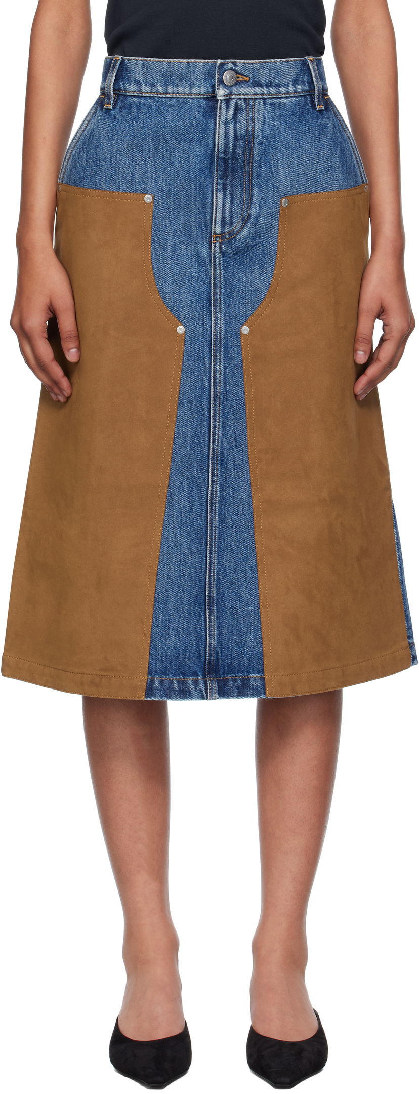 Hame Stella McCartney Stella McCartney Mixed Denim & Faux-Suede Midi Skirt Sininen | 6D04043SQH25