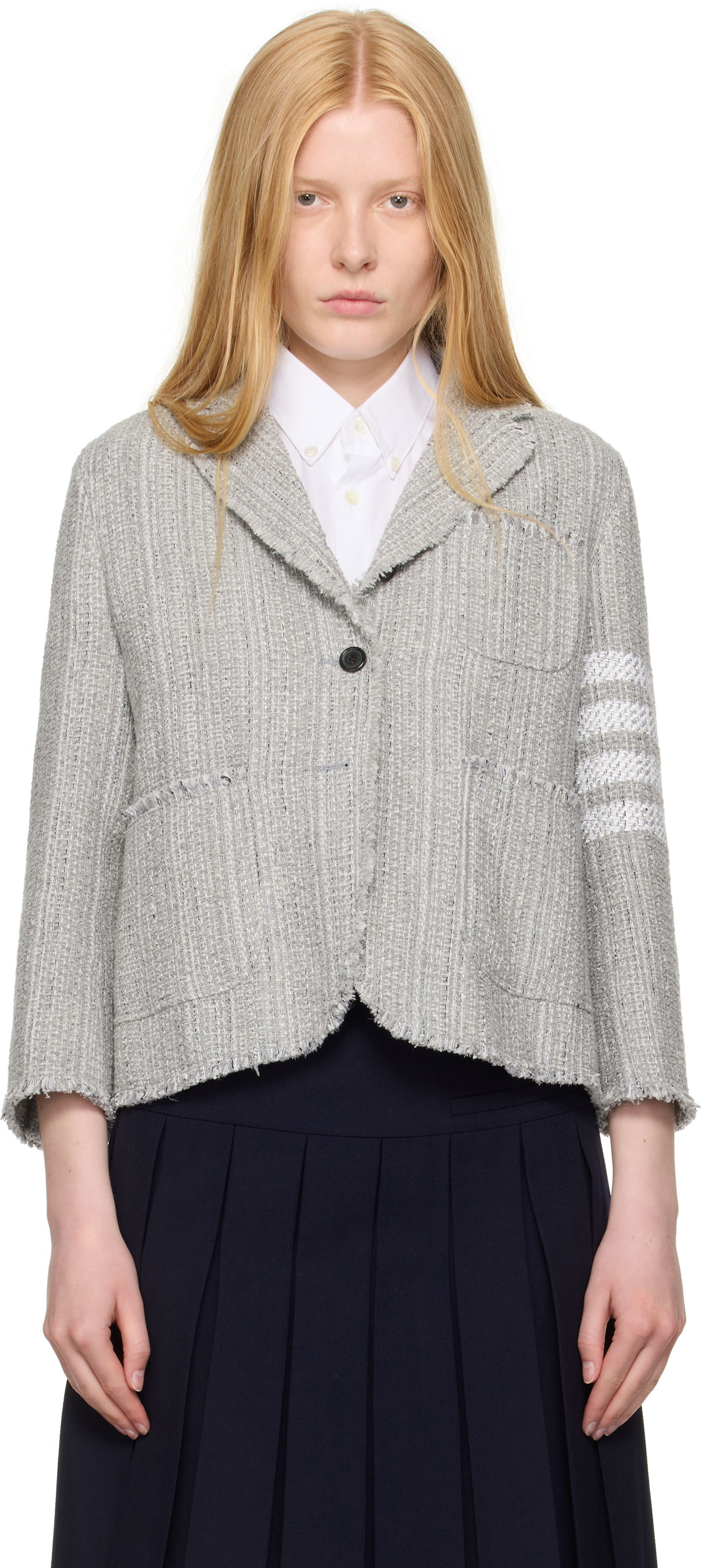 Takki Thom Browne Thom Browne Tweed Fray 4-Bar Cropped Sack Blazer Harmaa | FBC788T-F0512, 0