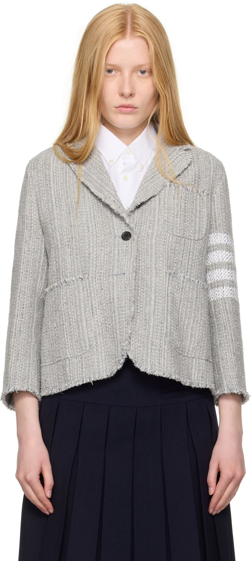 Takki Thom Browne Thom Browne Tweed Fray 4-Bar Cropped Sack Blazer Harmaa | FBC788T-F0512