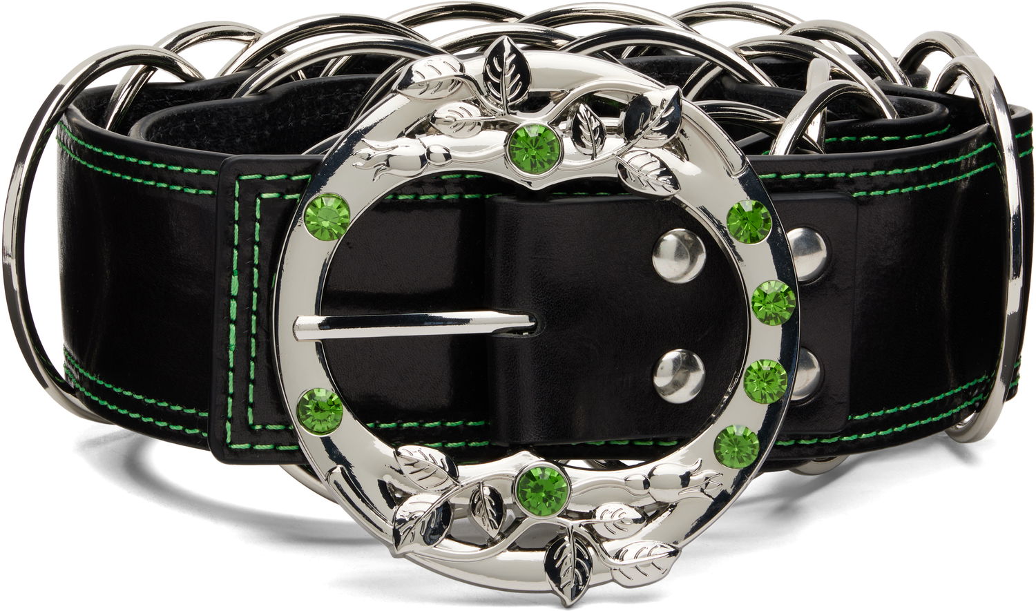 Vyöt Chopova Lowena Leather Ring Belt with Green Crystal Leaf Buckle and Contrast Stitching Musta | 6717, 0