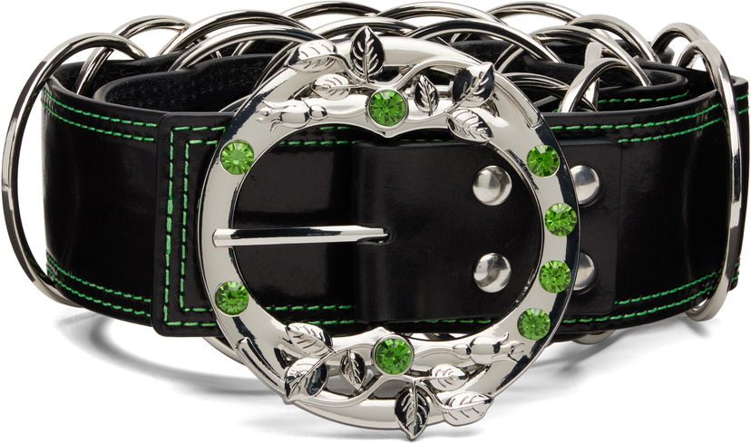 Vyöt Chopova Lowena Leather Ring Belt with Green Crystal Leaf Buckle and Contrast Stitching Musta | 6717