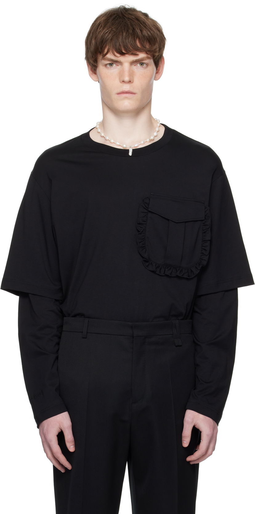 T-paita Simone Rocha Simone Rocha Layered Ruffle Pocket Long Sleeve T-Shirt Musta | 5379 0553