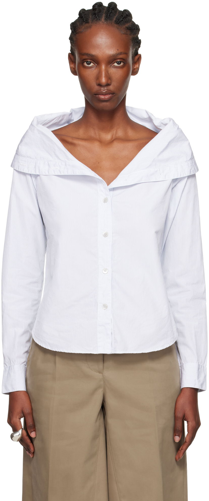 Paita OUR LEGACY Kaonashi Pinstriped Long-Sleeve Off-Shoulder Button-Up Shirt Valkoinen | W4252KD