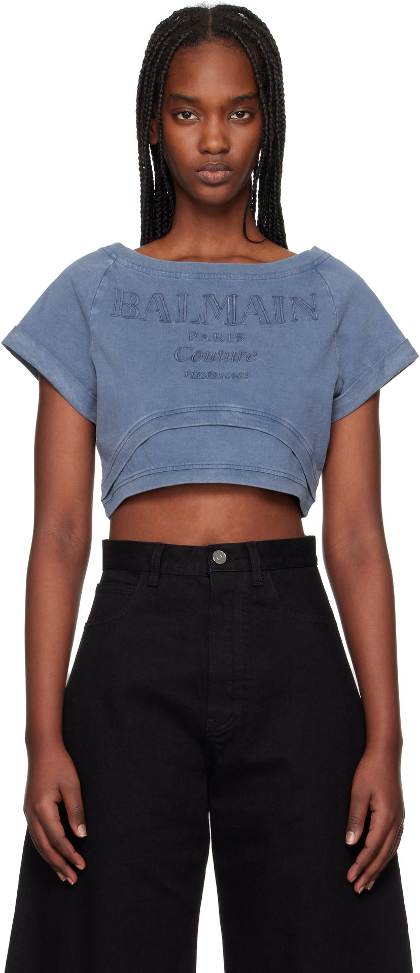 Crop top Balmain Balmain Cropped Couture Embroidered T-Shirt Sininen | EF1EE121BC96
