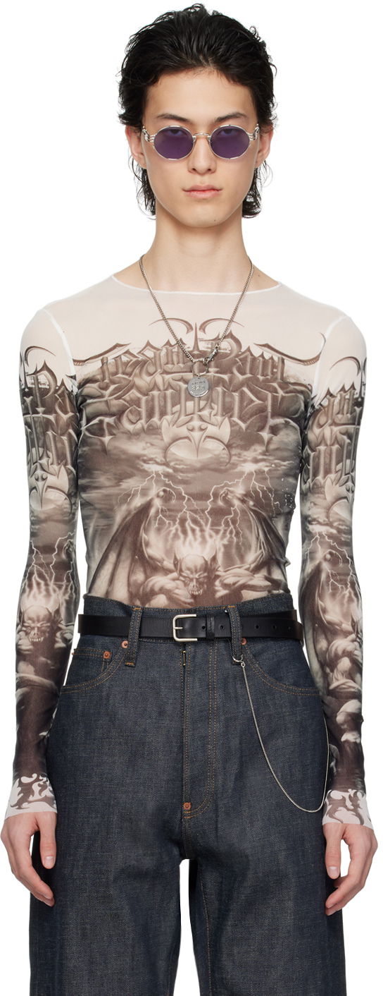 T-paita Jean Paul Gaultier Jean Paul Gaultier 'The Diablo' Graphic Mesh Long Sleeve T-Shirt Valkoinen | 24/25-U-TO137-T546-0100