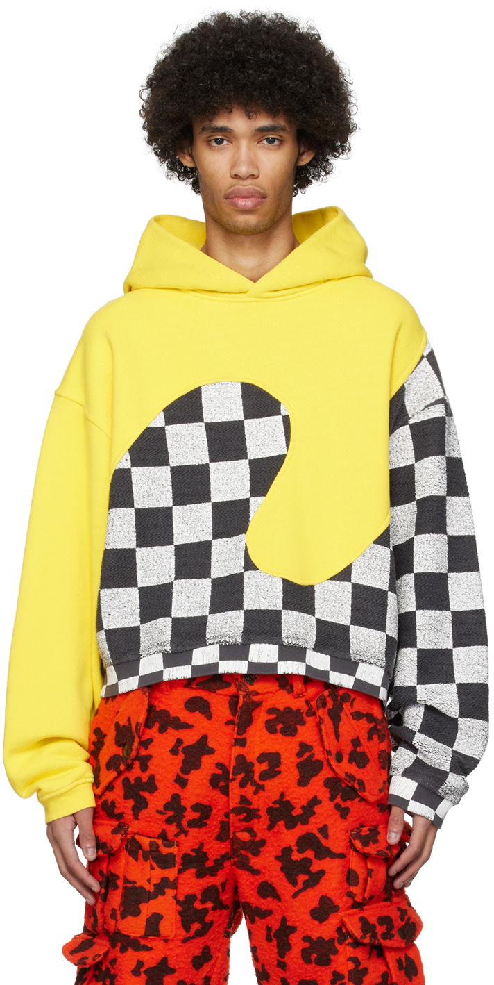 Huppari ERL Checkered Fleece Applique Hoodie Keltainen | ERL08T022
