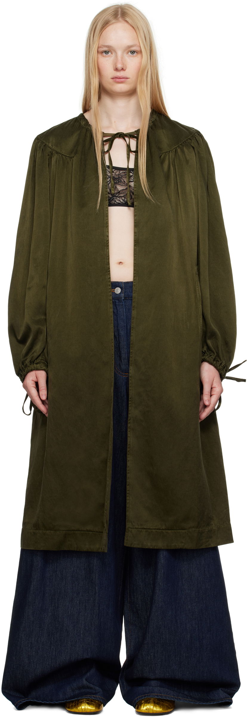 Trenssitakki Dries Van Noten Dries Van Noten Gathered Open Front Coat Vihreä | 251-010202-1426