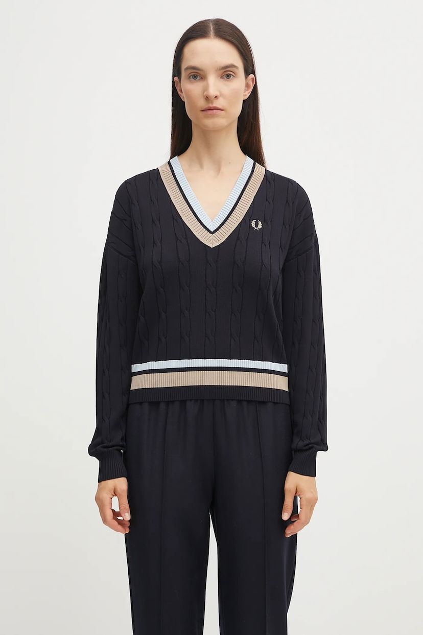 Villapaita Fred Perry Fred Perry Cable Knit V-Neck Sweater Tummansininen | K1102