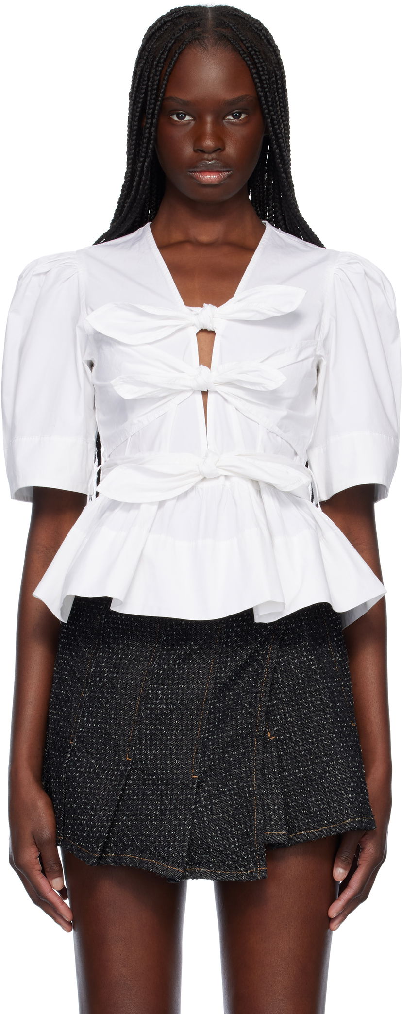 Paita GANNI GANNI Stretch Cotton Tie Front Peplum Blouse Valkoinen | W0309