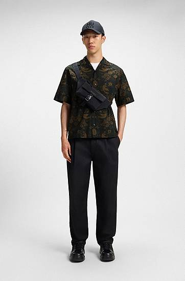 Paita BOSS Oversized-Fit Printed Cotton Poplin Shirt Vihreä | 50545377, 1