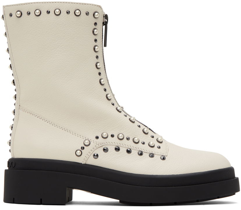 Vaatteet Jimmy Choo Jimmy Choo Nola Pearl-Embellished Flat Boots Beige | NOLA FLAT