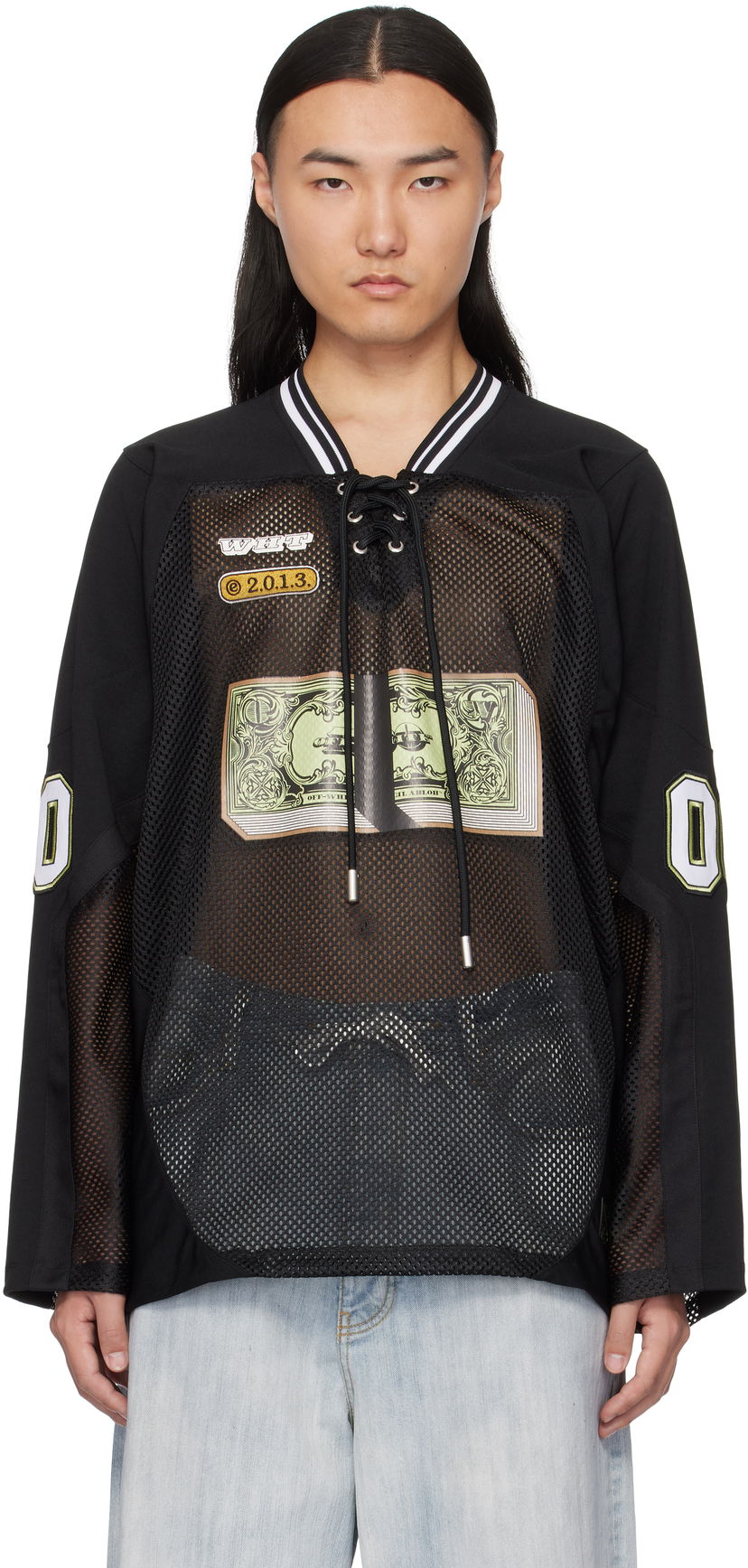 Jersey Off-White Banknote Mesh Hockey Long Sleeve T-Shirt Musta | OMAD004S25JER0031014