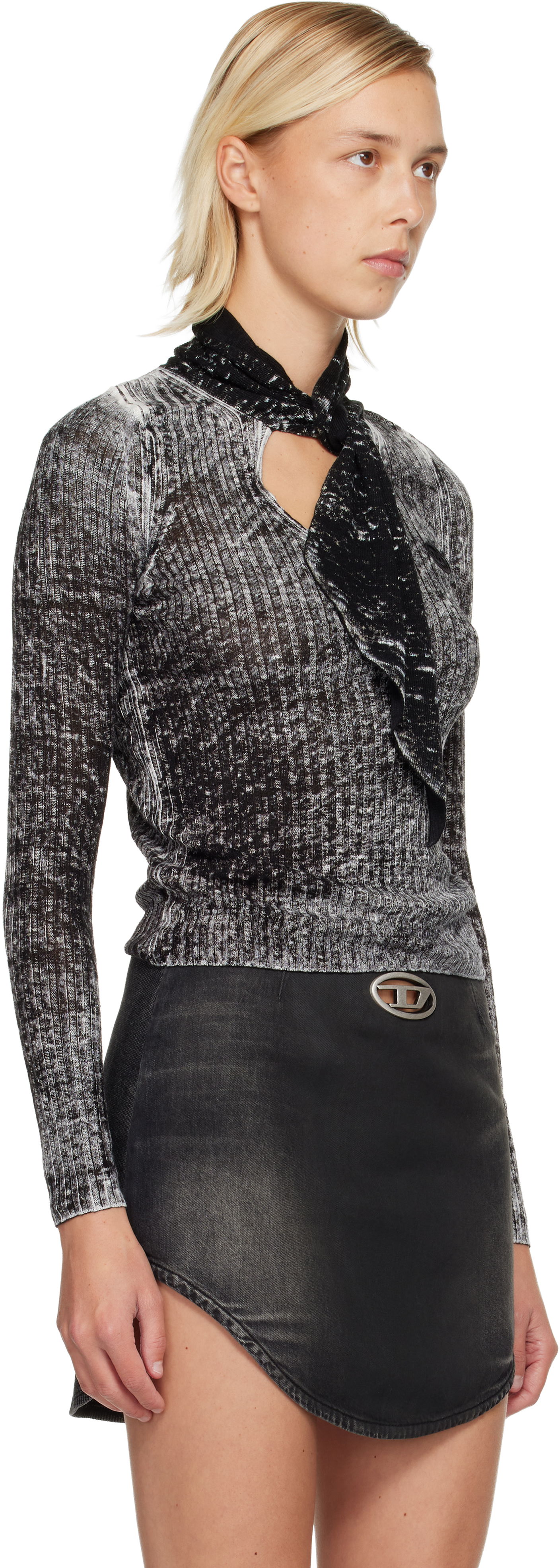 Villapaita Diesel M-Elan Distressed Rib Knit Scarf-Neck Sweater Musta | A18866 0BJBR, 1