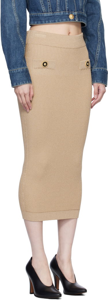 Hame Balmain Ribbed Knit Midi Skirt Beige | EF1LD022KI10, 1