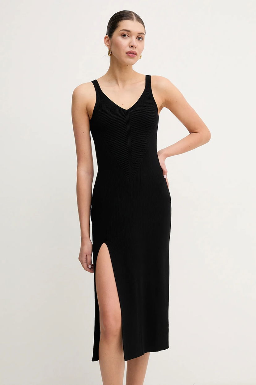 Mekko Lacoste Lacoste Midi Knit Dress with V-Neck and Slit Musta | EF9270