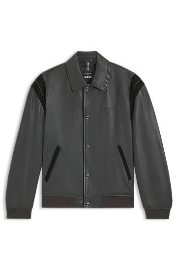Takki BOSS Porsche x BOSS Leather Jacket with Contrast Details Harmaa | 50543223