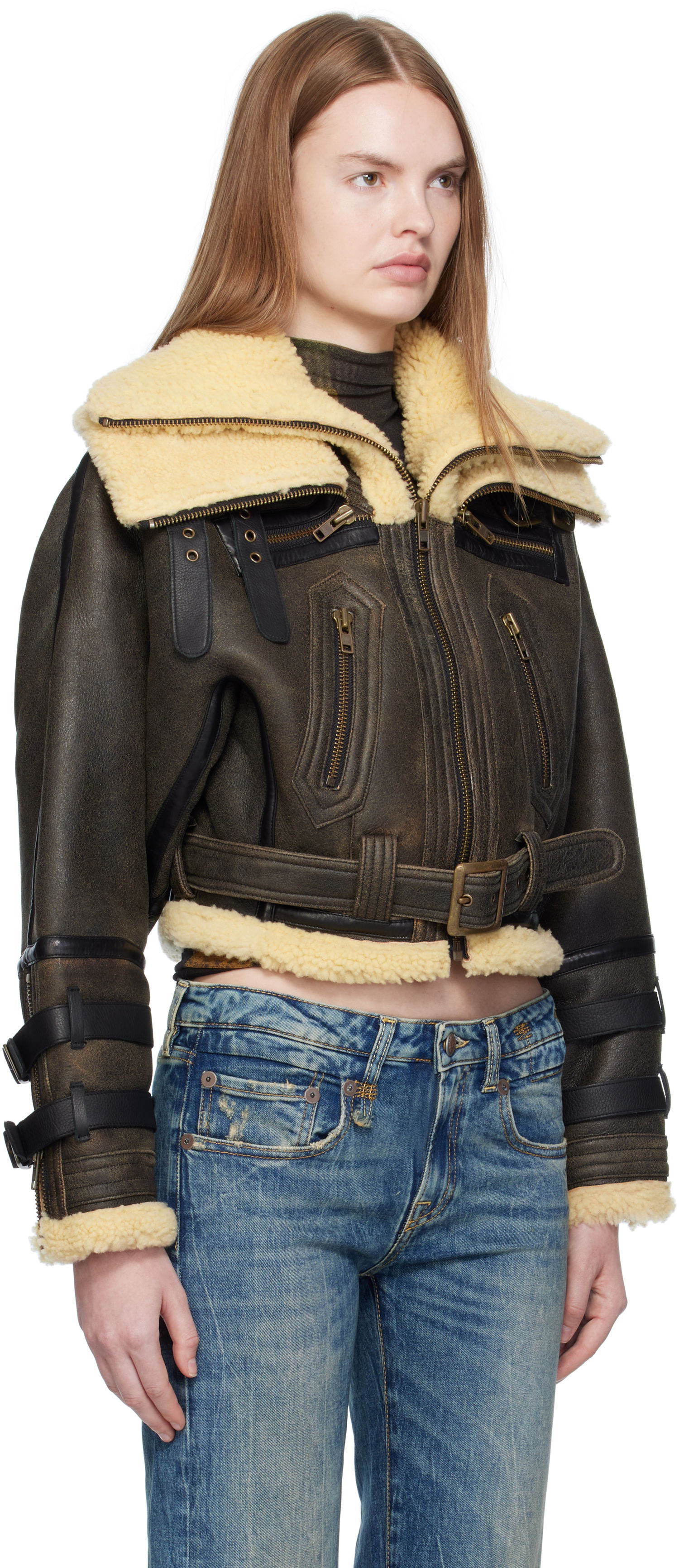 Bomber-takki R13 R13 Cropped Shearling Bomber Jacket Ruskea | R13WR423-R545A, 1