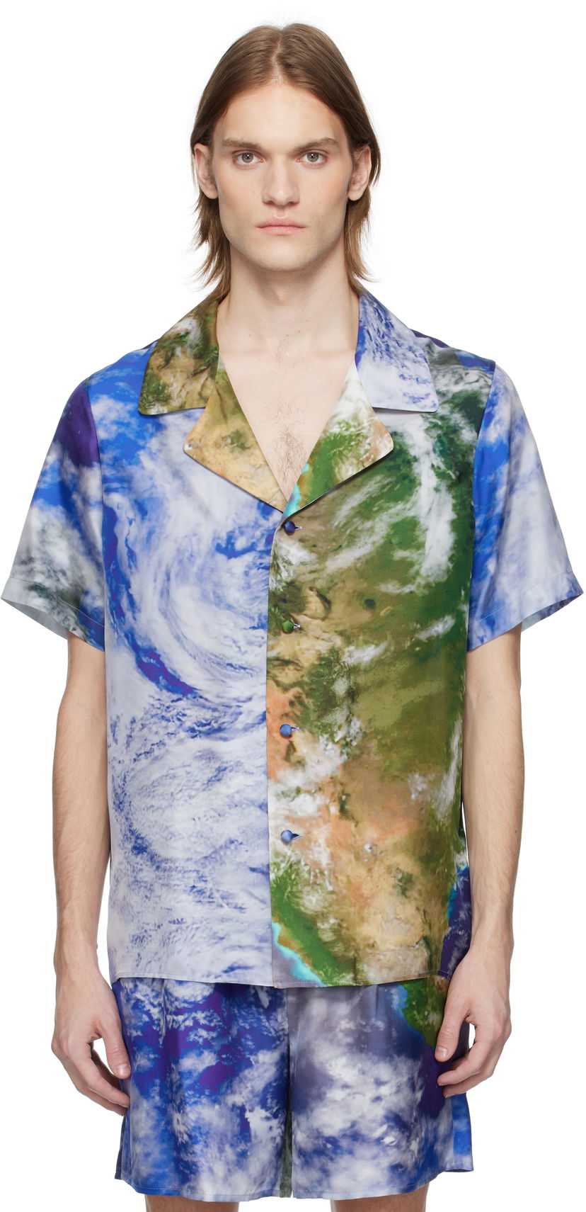 Paita Balmain Balmain Earth Print Silk Shirt Sininen | EH0HN067SE89