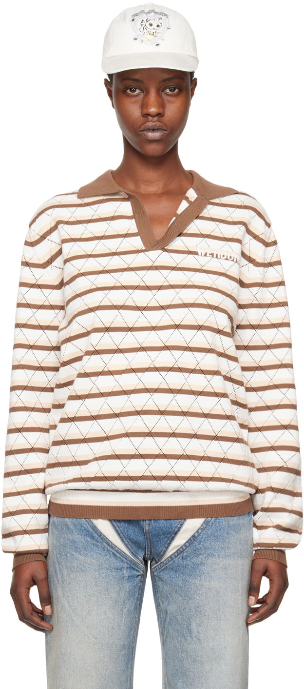 Poolopaita We11done Striped Long Sleeve Polo Beige | WD-KT0-24-639-U-BR