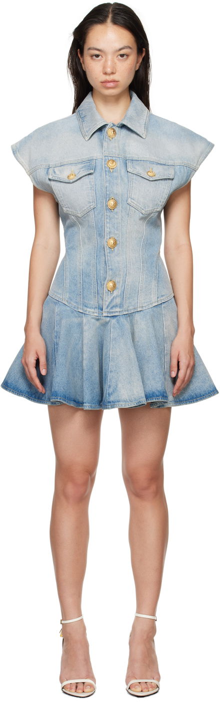 Mekko Balmain Flared Denim Minidress Sininen | DF0R7365DF17