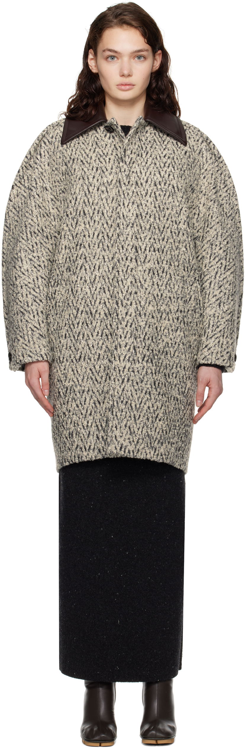 Takit Bottega Veneta Wool Boucle Chevron Coat Beige | 810396 V4M20