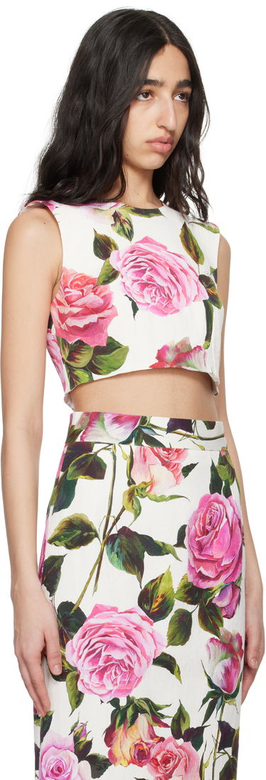 Crop top Dolce & Gabbana Dolce&Gabbana Rose-Print Cotton Jacquard Crop Top Valkoinen | F7AO5T FSRQJ, 1