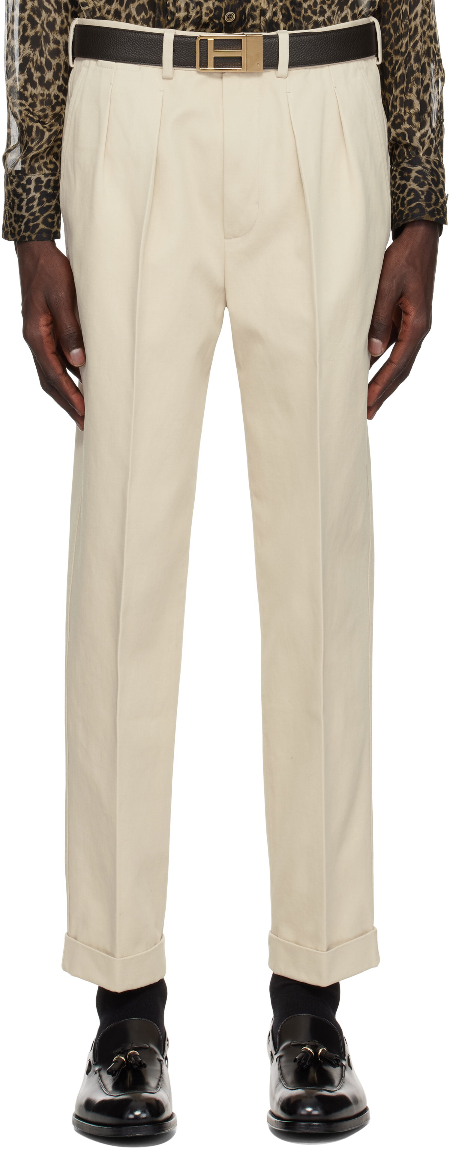 Housut Tom Ford TOM FORD Double Pleat Gabardine Trousers Beige | SHP004-FMC187S25, 0