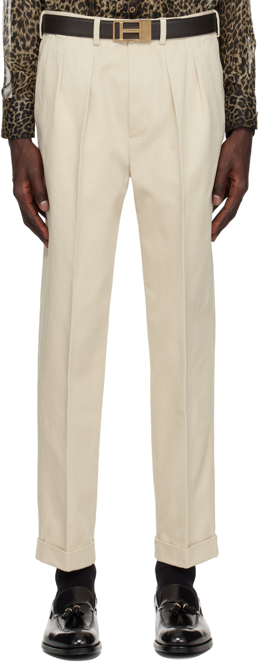 Housut Tom Ford TOM FORD Double Pleat Gabardine Trousers Beige | SHP004-FMC187S25