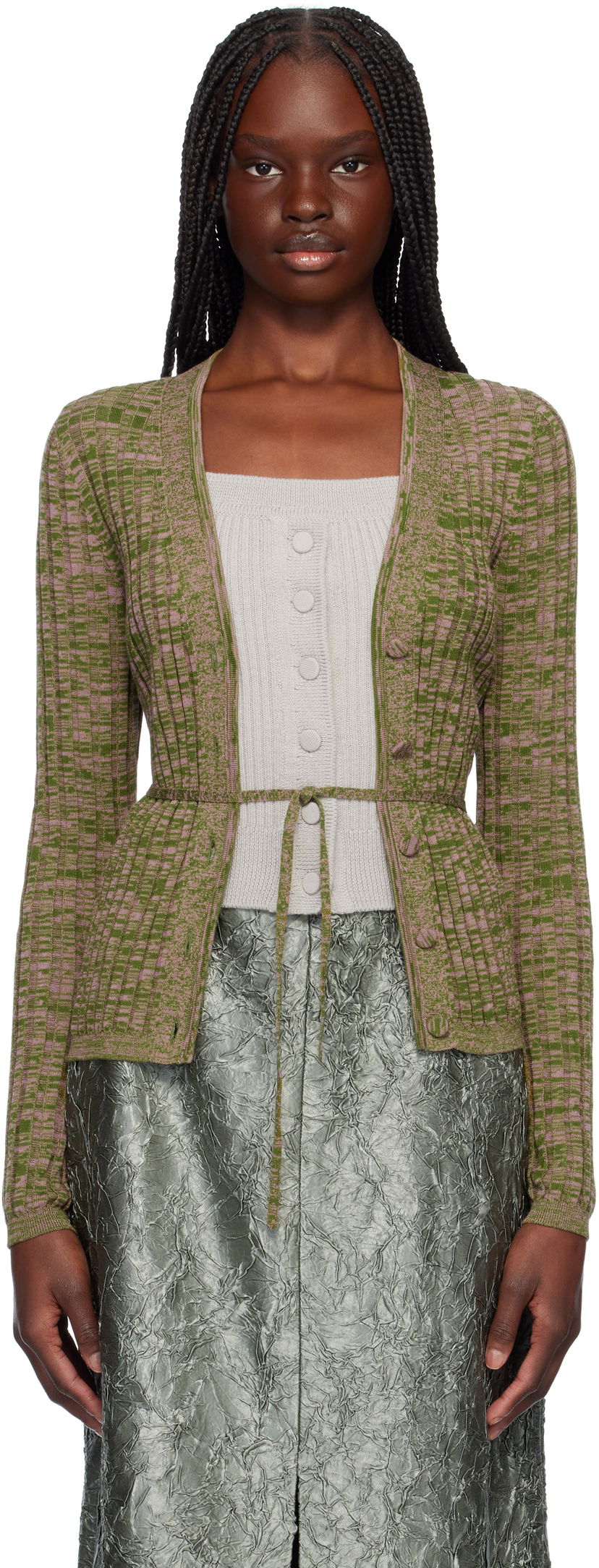 Villapaita Dries Van Noten Dries Van Noten Rib-Knit Tie Cardigan Vihreä | 251-011229-1716