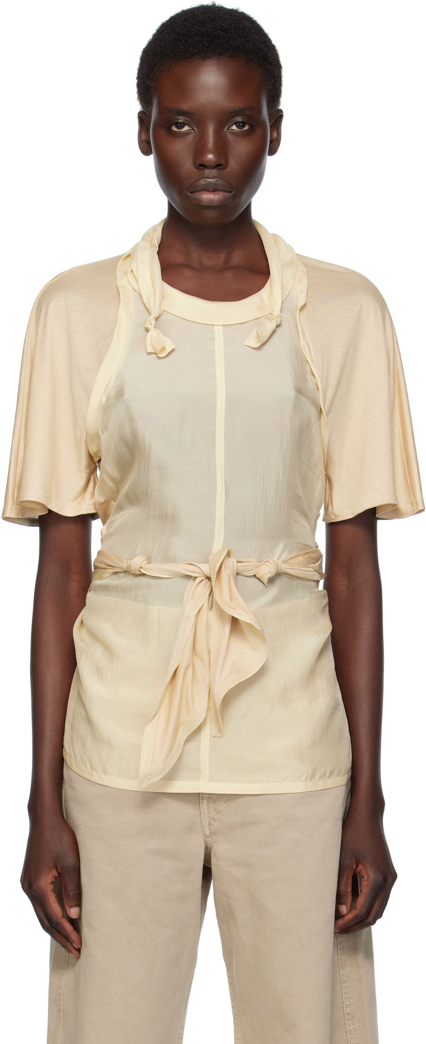T-paitoja ja toppeja LEMAIRE Lemaire Mixed Fabric Knotted Top Beige | TO1332 LF1373