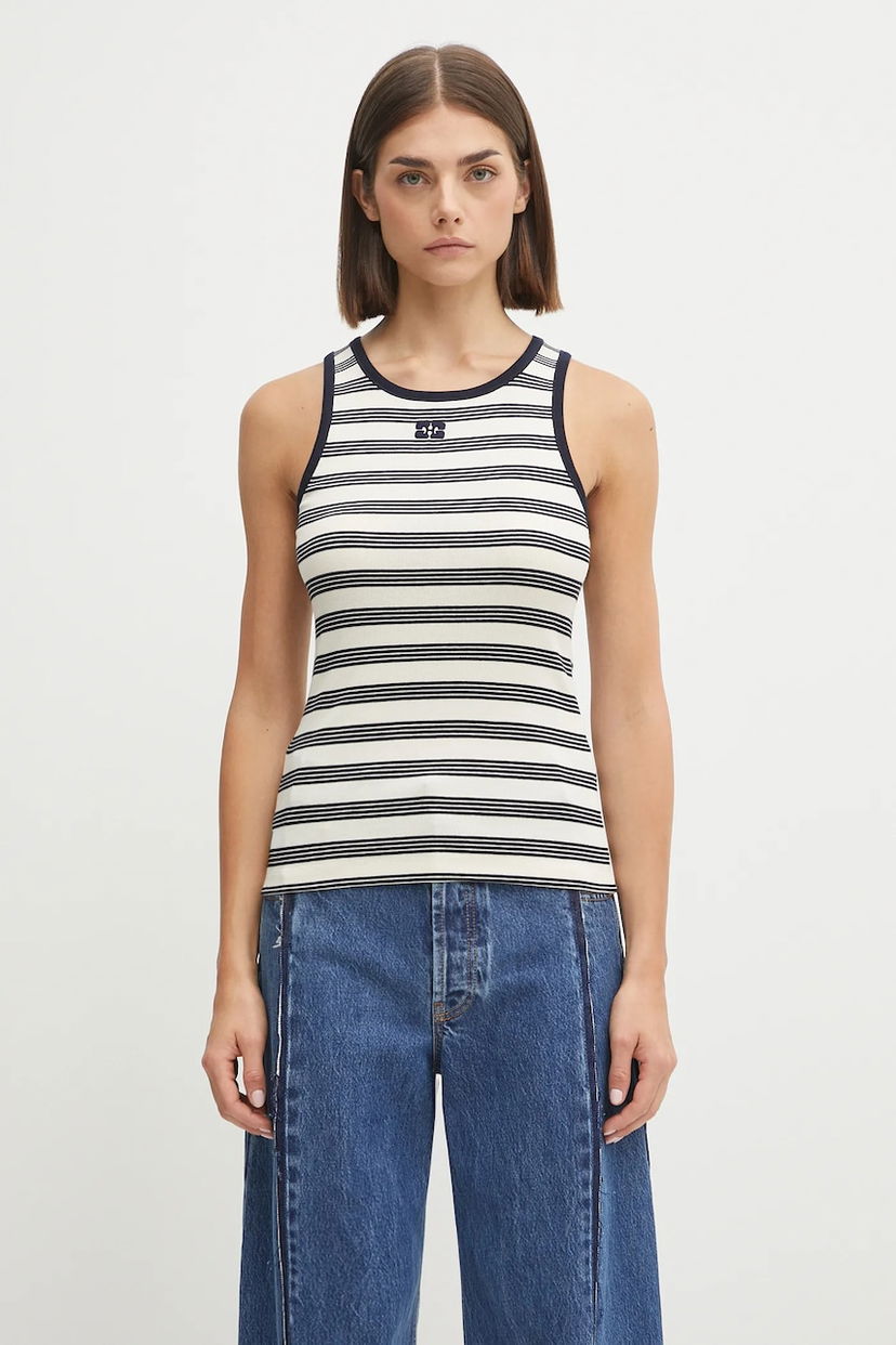 Tankkitoppi GANNI GANNI Women's Striped Soft Cotton Rib Tank Top Valkoinen | T4144
