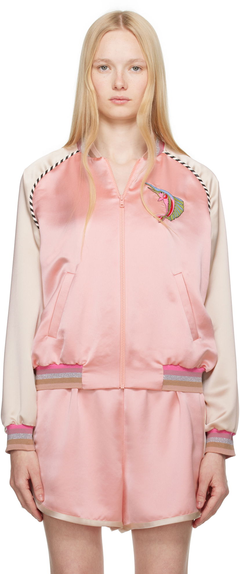 Bomber-takki Anna Sui Anna Sui Satin Embroidered Souvenir Bomber Jacket Vaaleanpunainen | 325D31