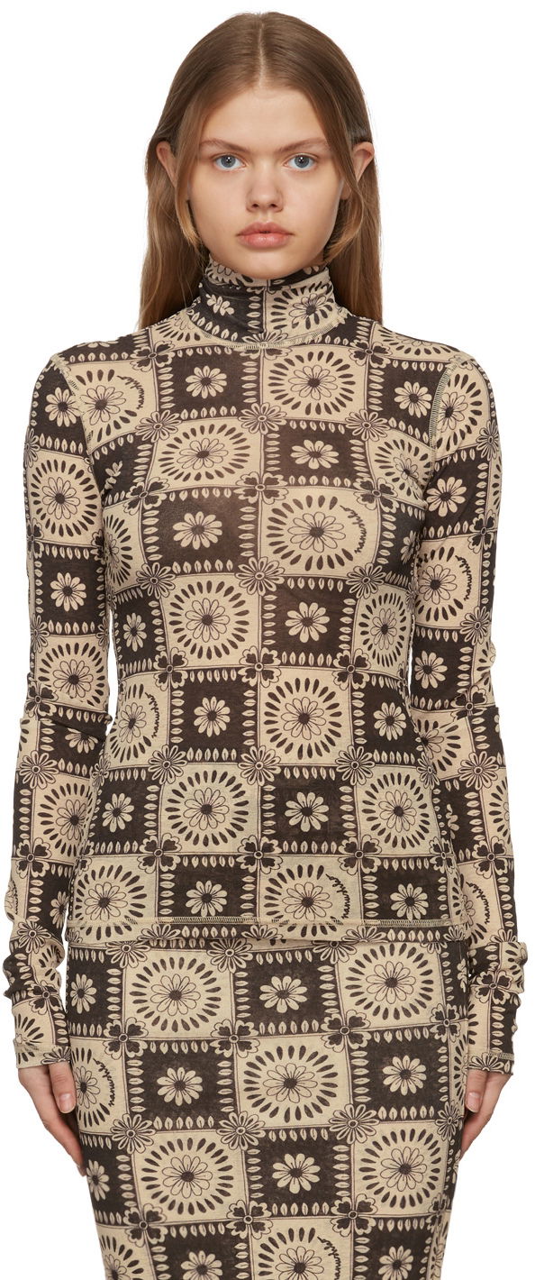 T-paita Nanushka Harri Tile Print Turtleneck Top Beige | NW22RSTP00977