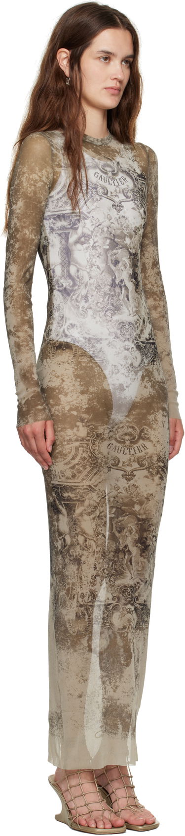 Mekko Jean Paul Gaultier Jean Paul Gaultier 'The Long Médaillon' Mesh Maxi Dress Beige | 25/03-W-DR023-M006P-6965, 1