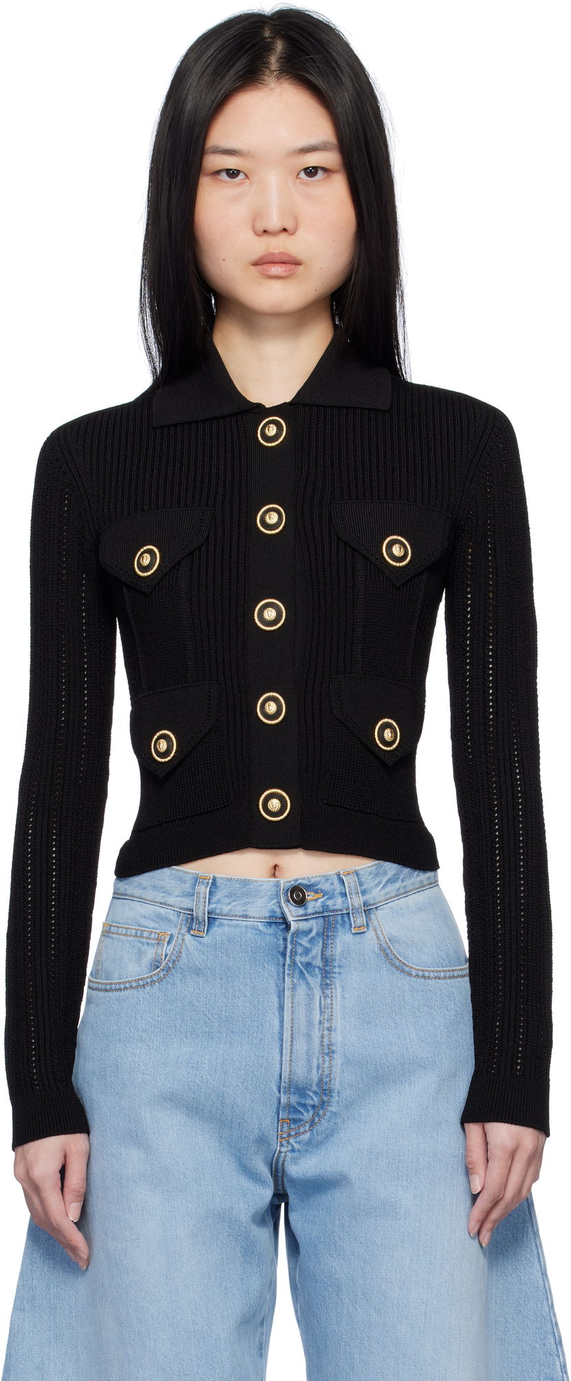 Villapaita Balmain Cropped Ribbed Cardigan Musta | EF1KL150KI10