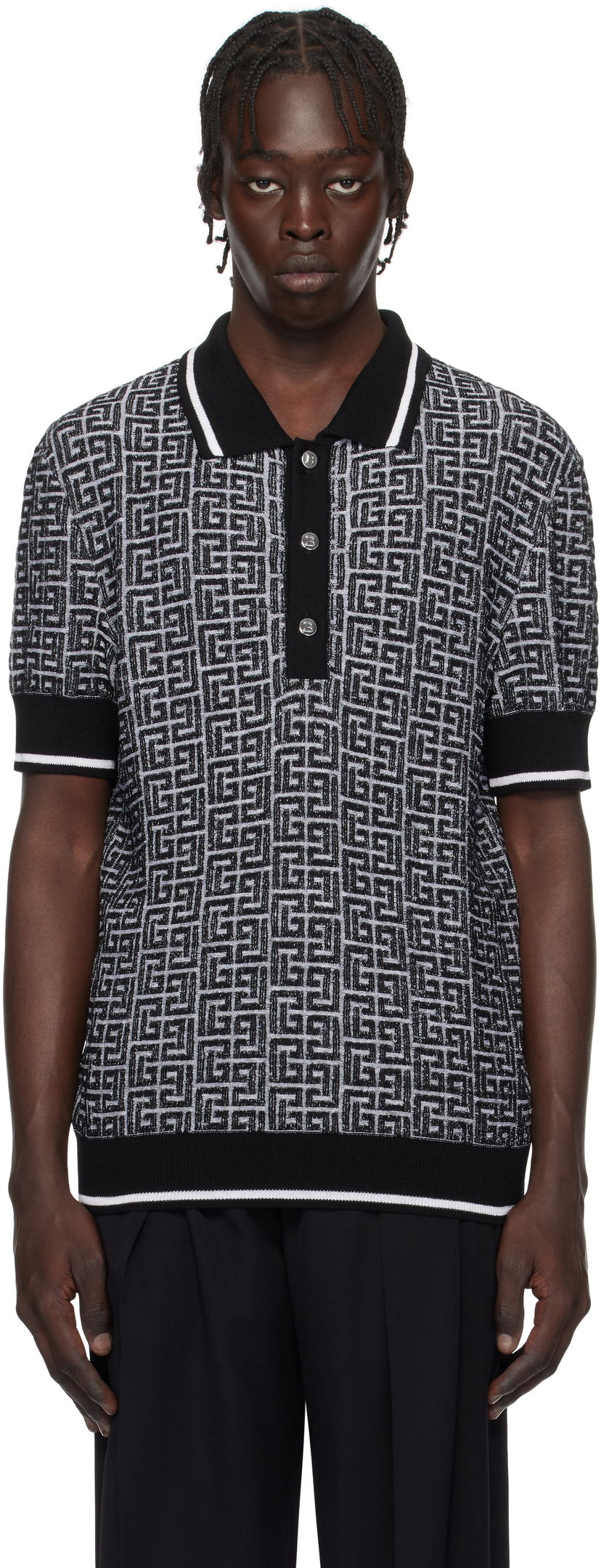 Poolopaita Balmain Black & White Labyrinth Knit Polo Shirt Musta | EH1GB020KI03