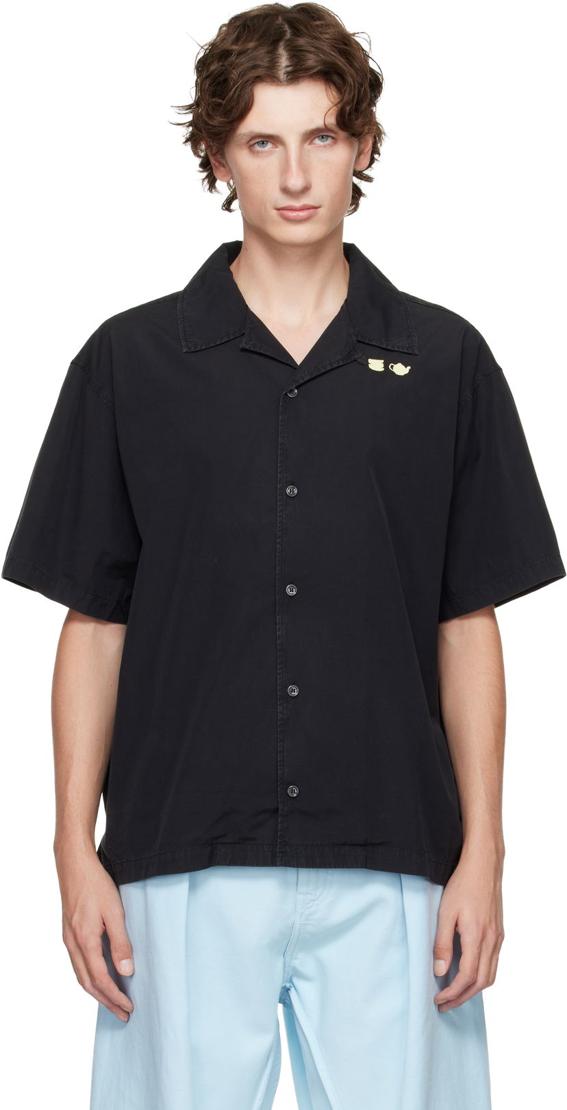 Paita JW Anderson Teapot and Teacup Embroidery Spread Collar Short Sleeve Shirt Musta | SH0371-PG1823