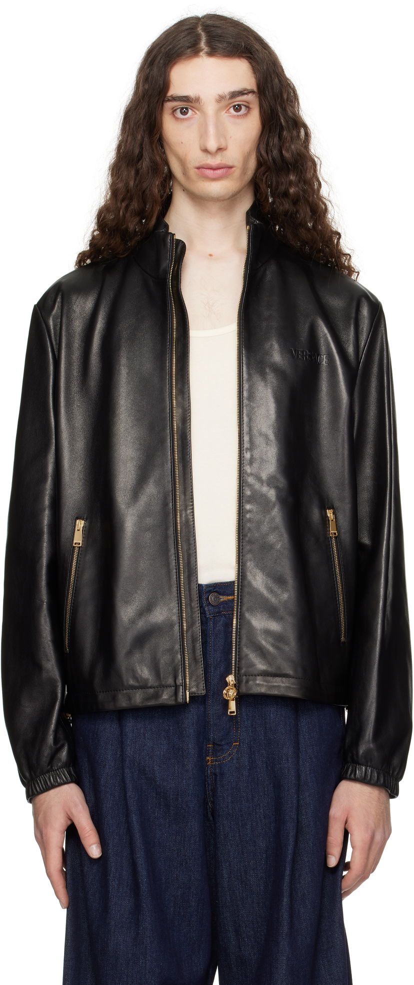 Takki Versace Versace Plongé Leather Jacket Musta | 1019606_1A14141