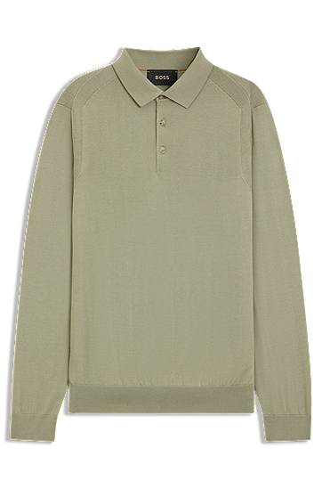 Poolopaita BOSS Knit Long-Sleeve Polo in Wool, Silk and Cashmere Vihreä | 50544809