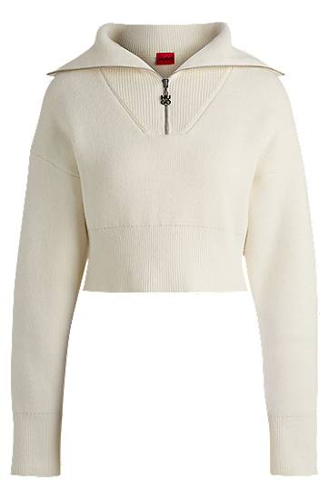 Villapaita BOSS Cropped Sweater with Logo Zip Puller Valkoinen | 50522545