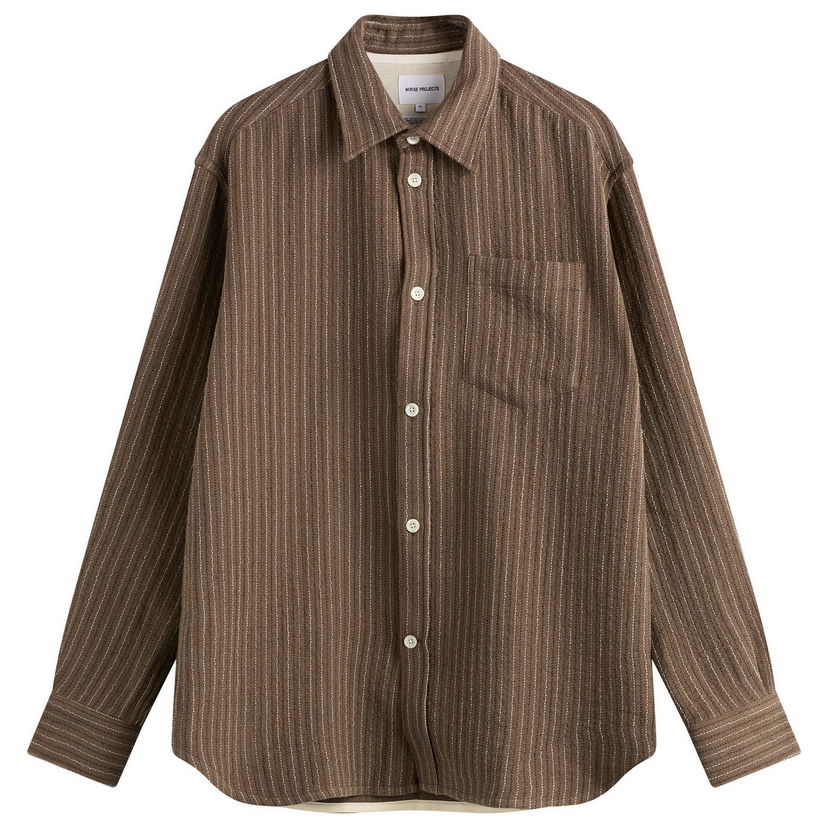 Paita NORSE PROJECTS Oversized Wool Stripe Shirt, Size Large Ruskea | N40-0847-9024