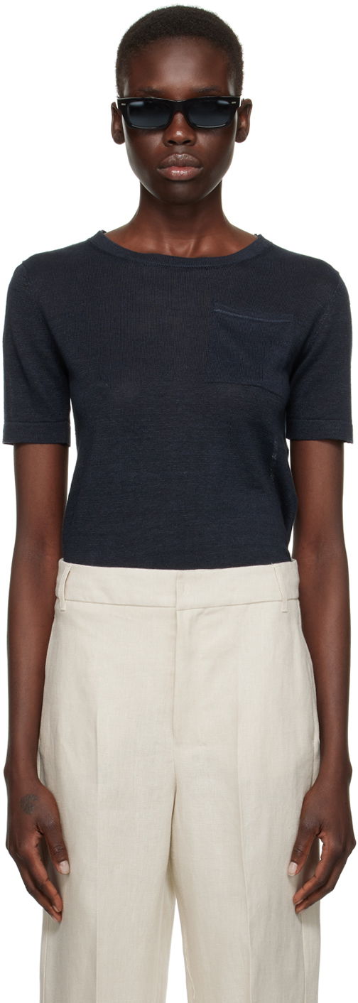 T-paita Max Mara Pocket Linen T-Shirt Tummansininen | 2419361013600