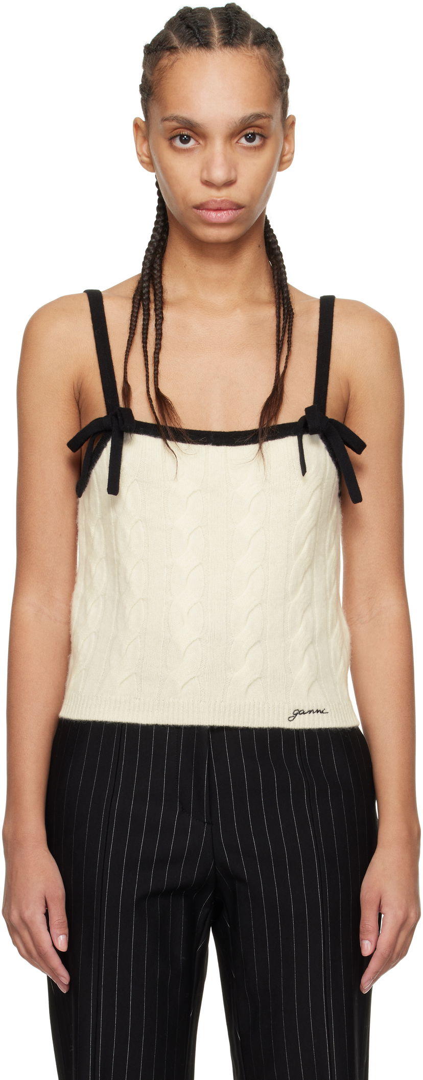Tankkitoppi GANNI Off-White & Black Cashmere Mix Strap Tank Top Beige | K2416