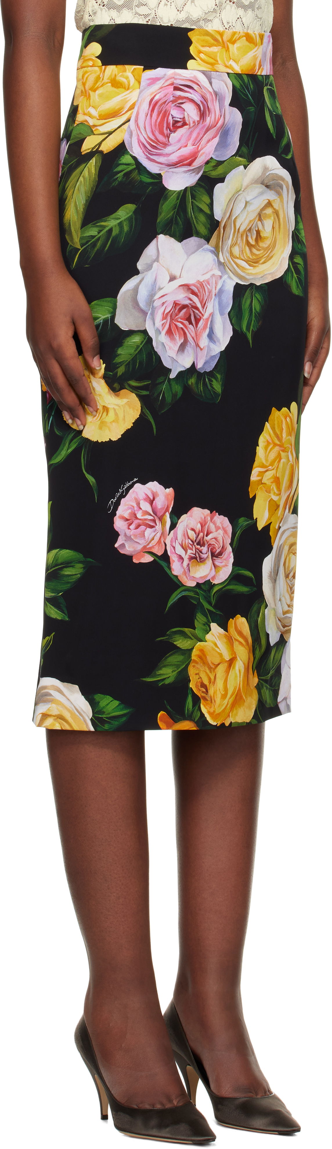 Hame Dolce & Gabbana Dolce&Gabbana Peony & Rose-Print Midi Skirt Musta | F4B6UT FSA7B, 1