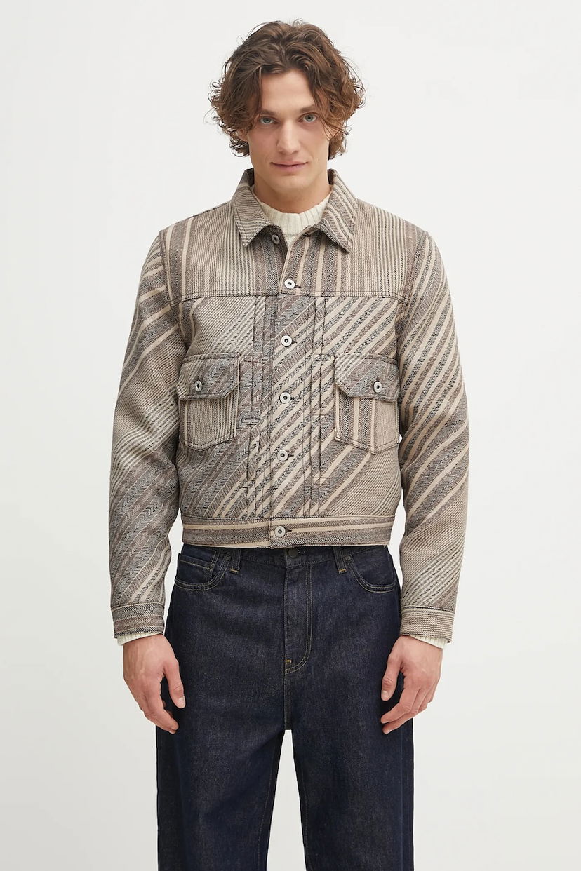 Takki KENZO Kenzo Diagonal Stripe Slim Pleated Trucker Jacket Beige | FF65VE3029IO