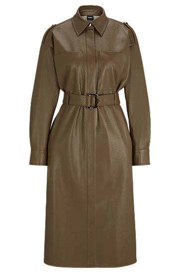 Mekko BOSS Perforated Faux Leather Belted Shirt Dress Vihreä | 50505962