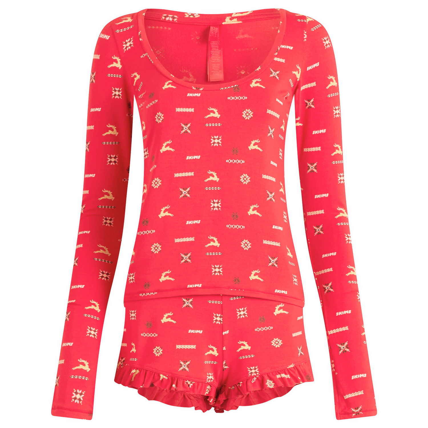 Pyjama SKIMS Long Sleeve Scoop Neck Pajama Top and Ruffle Short Set with Vintage Deer Print Punainen | ST-SST-9968W-CVD, 0