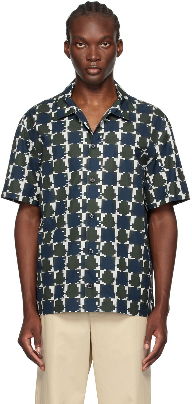 Paita Moncler Green & Blue Logo Print Shirt Tummansininen | J20912F00007597YJ