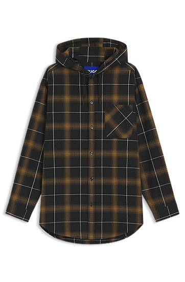 Paita BOSS Oversized-Fit Hooded Checked Overshirt Ruskea | 50545262