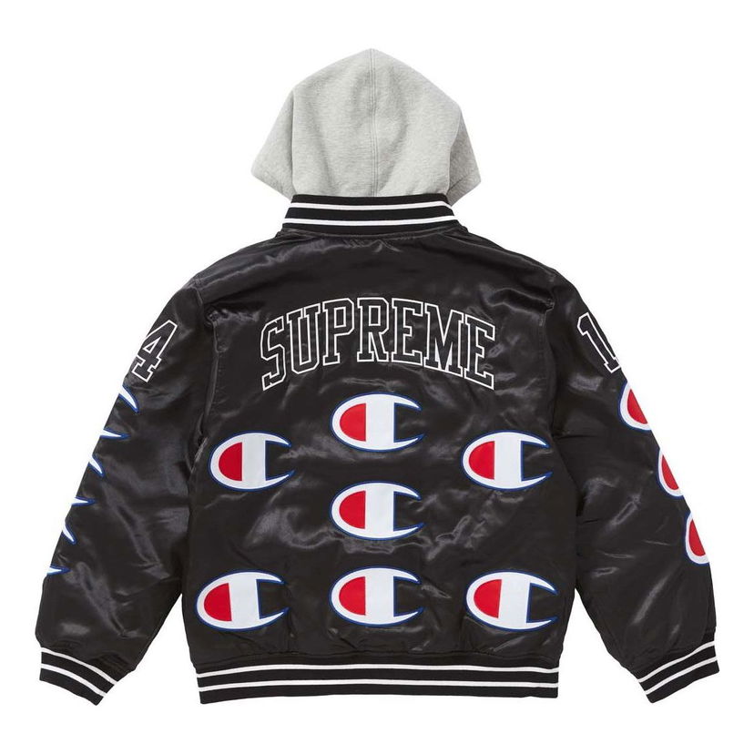 Bomber-takki Supreme Champion Hooded Satin Varsity Jacket Musta | SUP-FW18-553